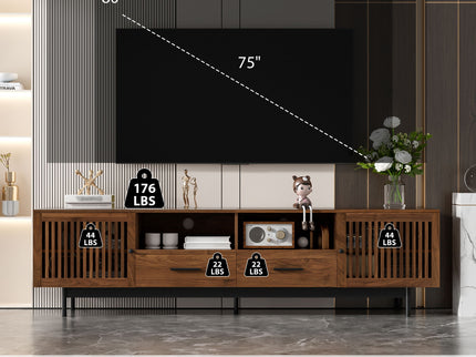 TV Stand, Media Console With 2 Drawers, Soft Closing Slatted Doors, Living Room Entertainment Center - Walnut