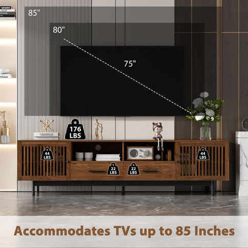 TV Stand, Media Console With 2 Drawers, Soft Closing Slatted Doors, Living Room Entertainment Center - Walnut