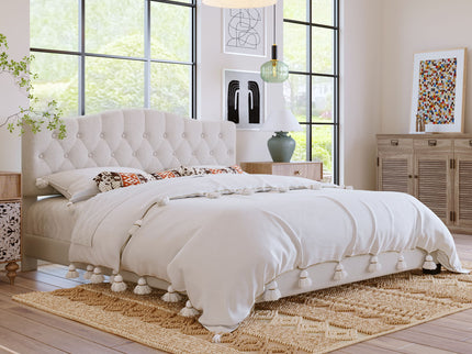 King Upholstered Platform Bed With Curved Adjustable Headboard And Diamond Tufted Details, No Box Spring Needed - Beige