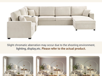 Modular 5 Seat U-Shape Sectional Sofa With Chaise Lounge, Built In Cup Holders And Storage Drawer