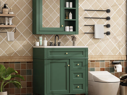 Bathroom Vanity With Top Sink, 2 Doors And 3 Drawers, Freestanding Set With Mirror Cabinet