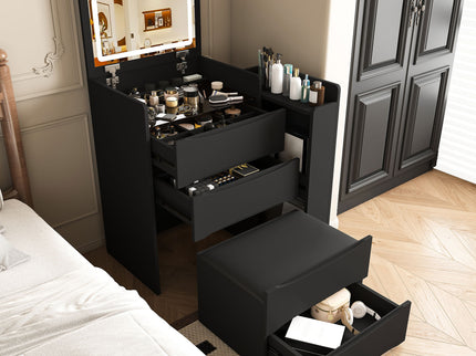 Flip Mirror Vanity Desk With Adjustable LED Lights & Stool For Bedroom
