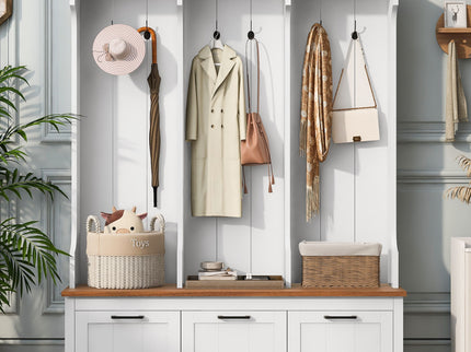 Hall Tree With Bench And Shoe Storage, 3 Large Drawers, Open Storage Shelves & Hooks