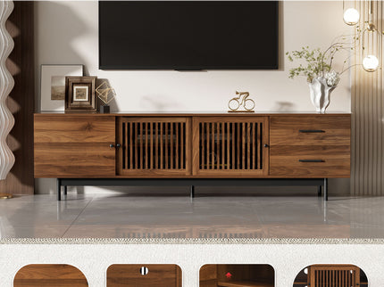 TV Stand, Media Console With 2 Drawers, Soft Closing Hinges, Adjustable Shelves, Slatted Design - Walnut