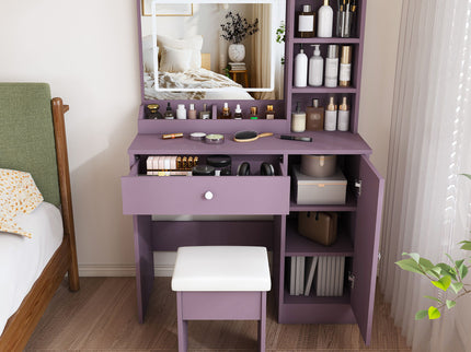 Vanity Desk Set With Padded Stool & Adjustable LED Mirror, 3 Color Mode Lighting, Compact For Bedroom - Purple
