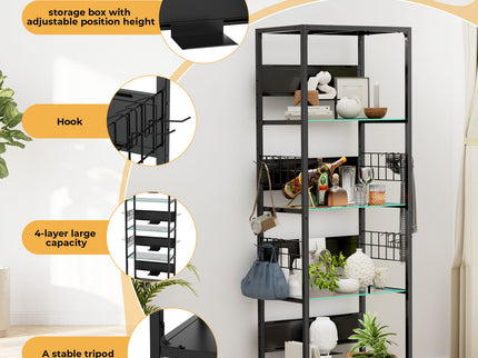 4 Tier Display Shelf With RGB Lights, LED Lighted Curio Cabinet With Adjustable Storage Box & Hooks - Black