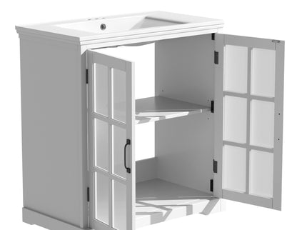 Modern Bathroom Vanity With Ceramic Sink, Tempered Blurred Glass Doors