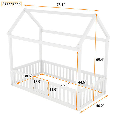 Wood House Bed With Fence And Door