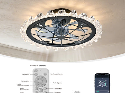 Caged Ceiling Fan With Remote Controlled Dimmable LED Lights, Flush Mount Fan, Low Profile Design - Matte Black