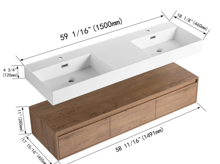 Contemporary Wall Mounted Bathroom Vanity With Dual Resin Sink And Soft Close Drawer