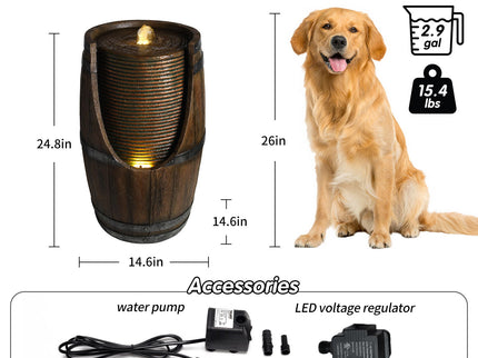 Rustic Barrel Water Fountain With LED Light