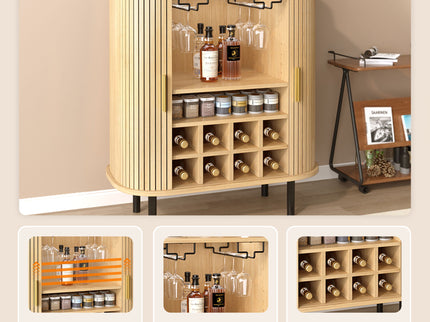 Fluted Wine Bar Cabinet With 8 Grid Wine Rack, 5 Level Adjustable Shelves, 2 Glass Holders