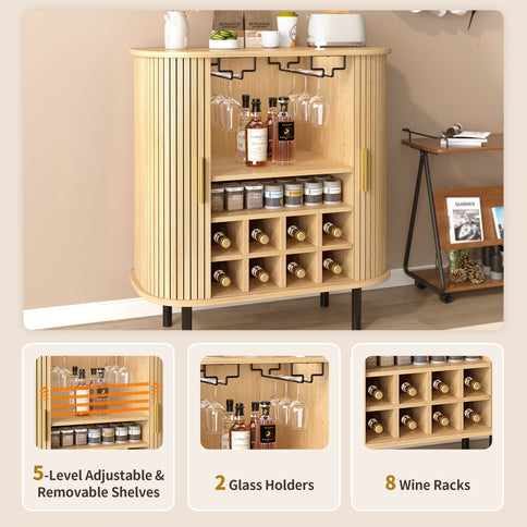 Fluted Wine Bar Cabinet With 8 Grid Wine Rack, 5 Level Adjustable Shelves, 2 Glass Holders