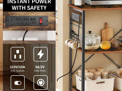 Bakers Rack With Power Outlet, Coffee Bar With S-Shaped Hooks, Kitchen Shelf With Wire Basket - Black / Brown