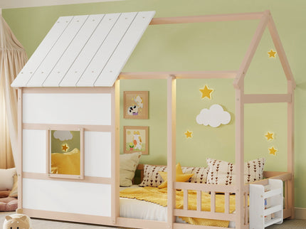 House Floor Bed With 7 Color LED Light, Built In Bookshelf