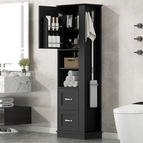 Freestanding Bathroom Storage Cabinet With Adjustable Shelves And Side Hooks Board, Rectangle Design