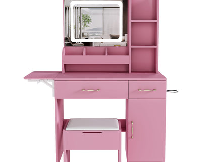 Vanity Desk With LED Mirror Lights And Power Outlet Charging Station, 3 Drawers, 7 Shelves, Storage Stool - Pink