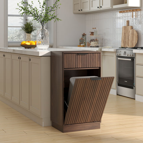 Tilt Out Trash Can Cabinet With Wave Textured Drawer & Pull Out Bin