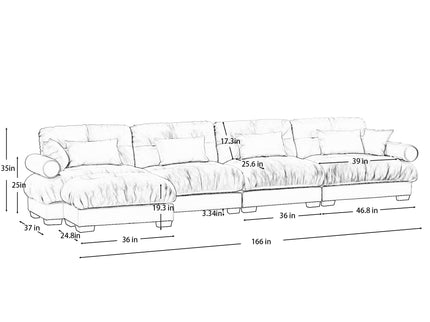 Modern Sectional Sofa With Ottoman, Round Bolster Armrests, Waist And Throw Pillows