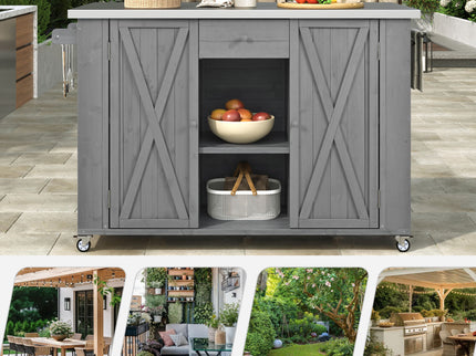 Outdoor Kitchen Island With Stainless Steel Top, Ample Storage Space, Towel And Spice Racks And A Bottle Opener