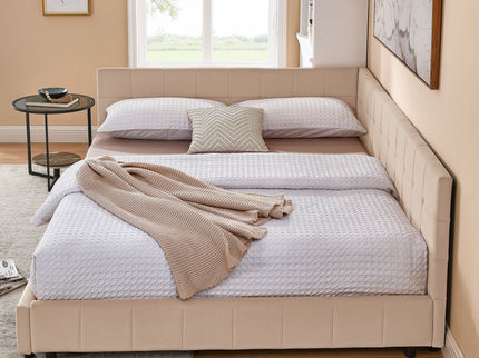 Mid-Century Storage Upholstered Tufted Bed Frame With Backrest And Armrests