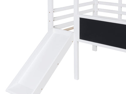 Loft House Bed With Ladder And Slide, With board And Light Strip On The Roof