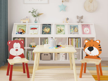 Table And 2 Chairs Set, Activity Play Table Set With Bear & Tiger Design - Natural