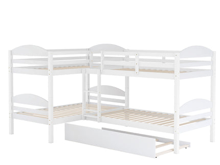 Twin L-Shaped Bunk Bed With Trundle - White