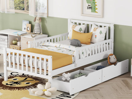 Platform Bed With Guardrails On Both Sides And 2 Storage Drawers