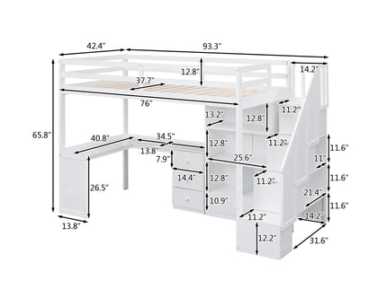Loft Bed With L Shaped Desk, Drawers, Cabinet, And Storage Staircase