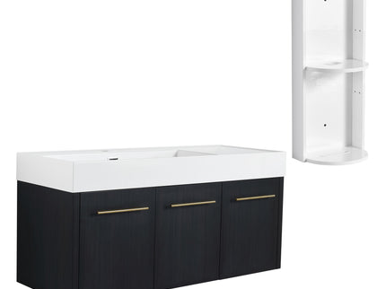 Modern Chestnut Wall Mounted Bathroom Vanity With Left Resin Sink And Storage Rack - Black Chestnut
