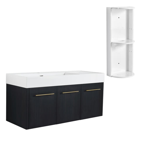Modern Chestnut Wall Mounted Bathroom Vanity With Left Resin Sink And Storage Rack - Black Chestnut