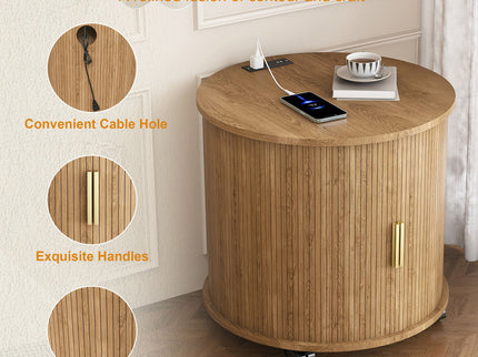 Cylinder Nightstand With Charging Station & Sliding Door