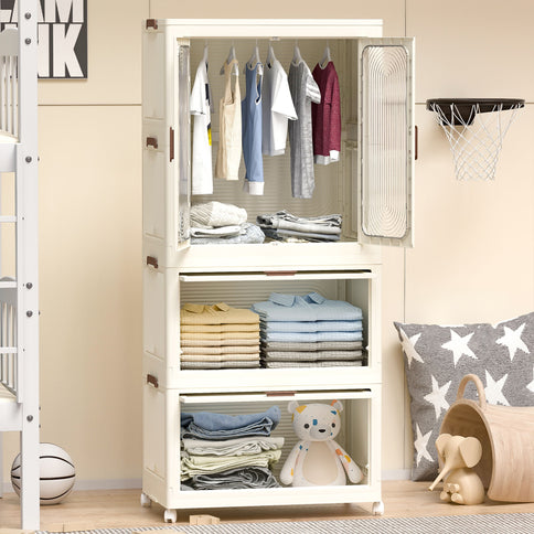 Portable Wardrobe Closet Storage Organizer With Magnetic Doors And Hanging Rod - Cream White