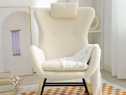Rocking Chair Nursery, Teddy Upholstered Rocker Glider Chair With High Backrest, Adjustable Headrest & Pocket, Comfy Glider Chair For Nursery, Bedroom, Living Room, Offices, Rubber Wood