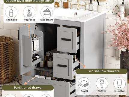 Bathroom Vanity With Sink, Soft Close Door, Double Layer Door Shelf And 3 Drawers - Gray