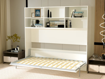Mordern Design Twin Size Horizontal Murphy Bed With Shelf Storage For Bedroom Or Guestroom Wall Bed Space Saving Hidden Bed With New Style Gas Struts - White
