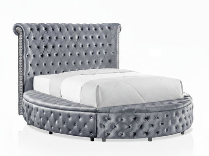 Glam Button Tufted Wingback Round Bed With Storage And USB Ports