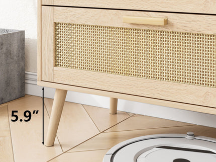 Rattan 6 Drawers Chest Of Dressers For Bedroom, Modern 6 Drawer Dresser, Wide Chest Of Drawers With Wood Handles, Rattan Dresser Storage Cabinet For Living Room, Bedroom, Hallway - Natural Wood / Oak