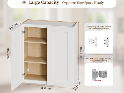 Shaker Wall Cabinet With Soft Close Hinges, Adjustable Shelves, Double Door