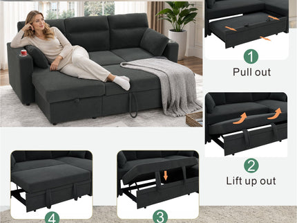 Convertible L - Shaped Sectional Sofa Bed With Storage Chaise, Cup Holders