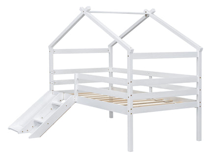 Low Loft House Bed With Slide, Ladder, Safety Guardrails, House Roof Frame