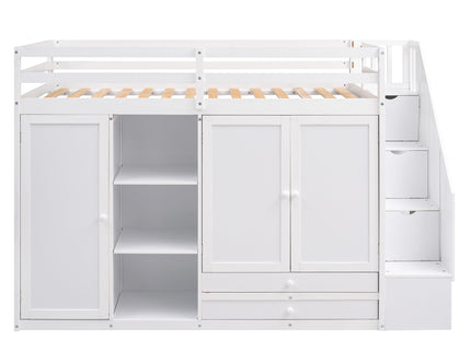 Loft Bed With 3 Shelves, 2 Wardrobes, 2 Drawers, Ladder Storage