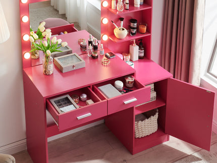 Vanity Desk With Mirror And Lights, 46.4In Dressing Table With 2 Large Drawer & Large Vertical Organizer, 3 Level Dresser & 3 Lighting Modes Adjustable Brightness, Suitable For Bedroom