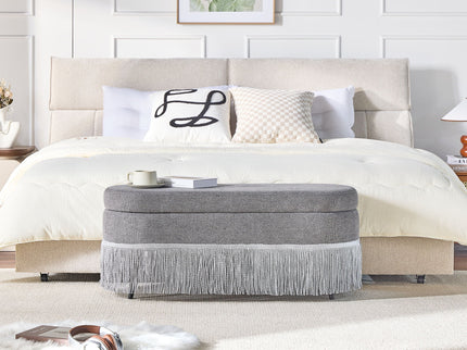 Oval Upholstered Storage Ottoman With Fringe Trim & Lift Top Lid