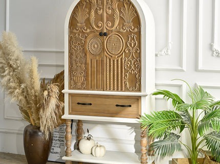 Arched Flower Carved Door Accent Sideboard Cabinet With 1 Drawer And Shelf, Cabinet For Kitchen - Natural / White
