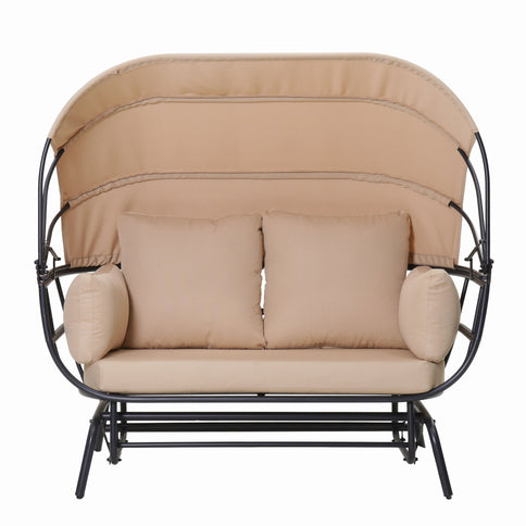 2 Person Egg Shaped Outdoor Swing Chair With Adjustable Canopy - Acacia Wood / Black / Taupe