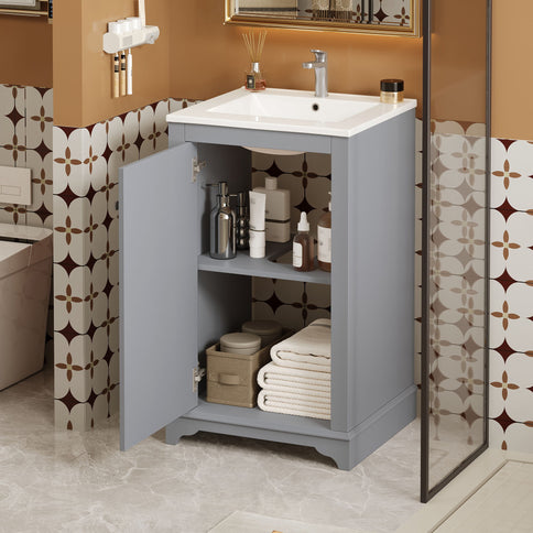 Bathroom Vanity With Sink, Freestanding Single Cabinet Set, Soft Close Door, Adjustable Shelf