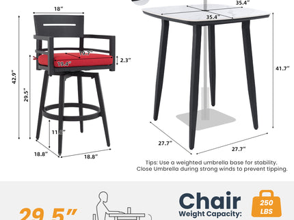 5 Pieces Outdoor Patio Bar Set, Rounded Square Sintered Stone Table & 4 Swivel Bar Chairs