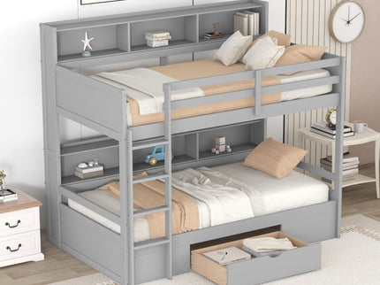 Twin Size Bunk Bed With Built-In Shelves Beside Both Upper And Down Bed And Storage Drawer